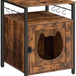 Signature Home Katty Kattenbak Met 6 Haken – �Kattenhuis Met Enkele Deur En Open Plank – Bruin – Zwart – �50 X 50 X 66 Cm