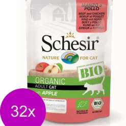 Schesir Kat Bio Pouch 85 G – Kattenvoer – 32 X Rund&Kip&Appel