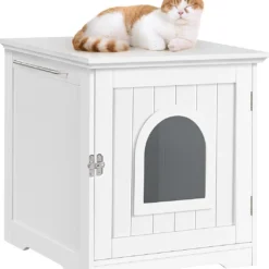 MEUBELEXPERT – Kattenhuis Kattenmand Wit Gesloten Kattentoilet Met Ingang En Handdoekhouder Kattenbak Kast Voor Katten Honden Huisdier 48,5 X 51 X 51,5 Cm Hout