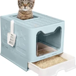 PetsyPaw Luxe Kattenbak – Met Uitschuifbare Lade En Kattenbakvulling Rooster – Opvouwbaar – Blauw