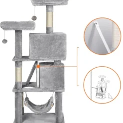 Rootz Krabpaal – Krabpaal Met 2 Knuffelgrotten – Krabpaal – Kattenkrabpaal – Vloerstaande Krabpaal – Kattenhuis – Met Gaten – Lichtgrijs – 60 X 50 X 155 Cm (L X B X H)