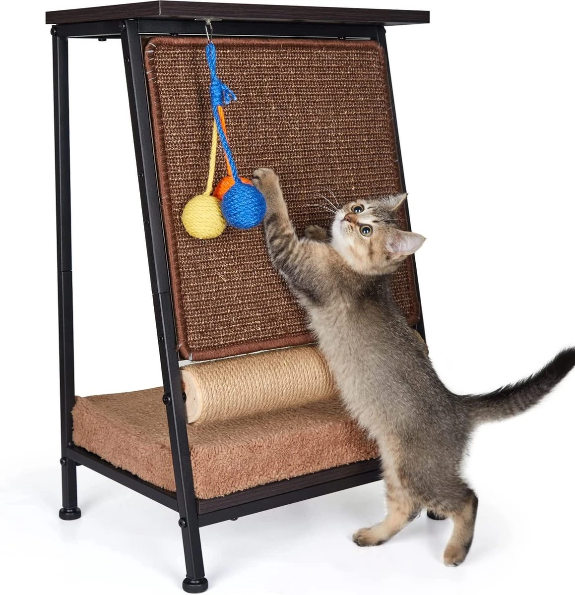 Kattenbed Grot Met Sisal Krabpaal En Verwijderbare Krabmat, A-vorm Multifunctioneel Kattenmeubel Voor Alle Katten, Ook Gebruikt Als Bijzettafel, Vintage Kattentafel Met Kussens En Speelballen