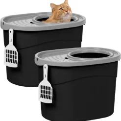 Grote Kunststof Kattenbak Met Toegang Van Bovenaf, Schep En Geventileerd Deksel, B52 X T37. 5 X H36. 5 Cm, Set Van 2, BPA – Vrij, TECL-20, Zwart / Grijs