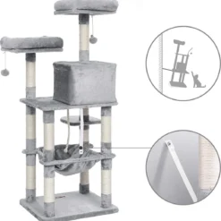 Krabpaal 143 Cm, Stabiele Krabpaal Met Kattenhuis, Lichtgrijs