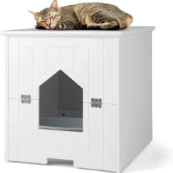 COSTWAY Kattenhuis Kattenbak Met Magnetische Deur, Kattenkast Met Ingang, Verborgen Kattentoilet, Kattenholte Voor Kleine En Middelgrote Katten, Huisje Voor Kleine Dieren, Houten Huisdier, 48 X 51 X 50,5 Cm (wit)