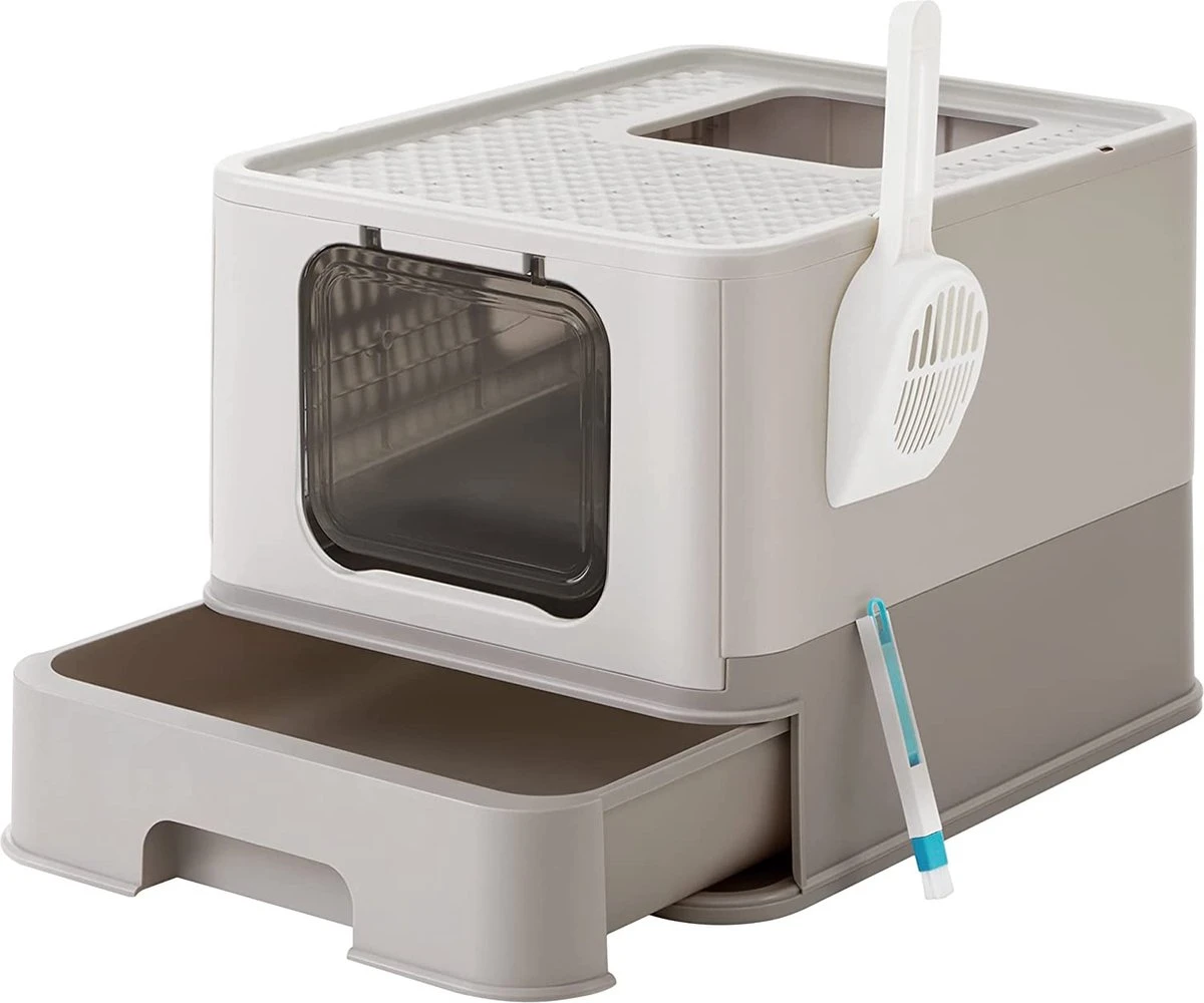 Kattenbak, Kattentoilet, Met Deksel, Uittrekbaar Dienblad, Shep, Borstel, Ruim Voor Katten Tot 15 Kg, Minder Sporen, Lekvrije Bodem, Havermoutkleur, Warmgrijs