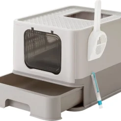 MIDA® Kattenbak Met Deksel – Geschikt Voor Grote Katten – Opvouwbaar – Warm Grijs