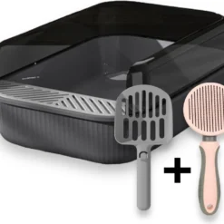 Kattenbak – Zwart – Open – Voordeelset – Modern – Hip – Trendy – Design Kattenbak – Borstel