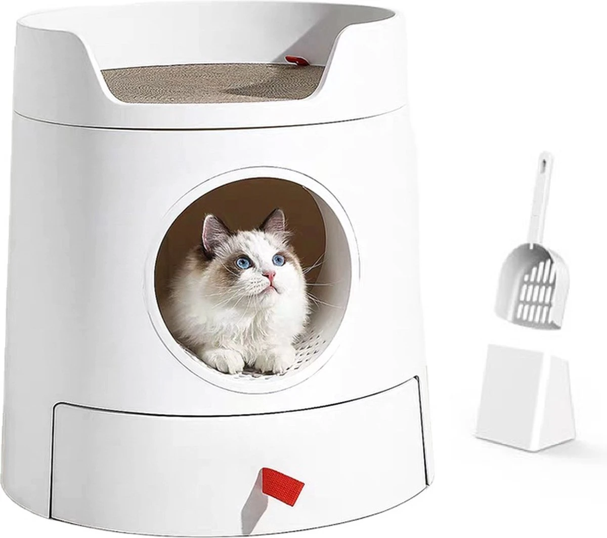 A Sunny Day Kattenbak Met Lade, Bedje En Krabplank – Inclusief Schepje – Design Kattenbak – Wit – Dichte Kattenbak – Kattenbak Gesloten