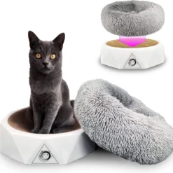 S.HE Kattenmeubel, Modern 2-in-1 Multifunctioneel Kattenbed + Krabplank [ Om Te Slapen, Krabben En Te Spelen] Kattenbank Bestaande Uit Krabmeubels + Donutkussen, Kleur Wit