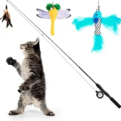 Interactieve Kat Speelgoed, Intrekbare Kat Hengel Met 3 Reserve Aas Van Veren En Klokken, Verstelbare Koord Lengte, Feather Teaser Voor Katten, Kitten Plezier