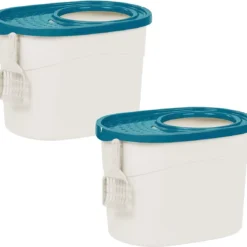 Kunststof Kattenbak Met Deksel, Schep En Deksel, B52 X T37, 5 X H36, 5 Cm, Set Van 2, BPA-vrij, TECL-20, Petrol / Wit