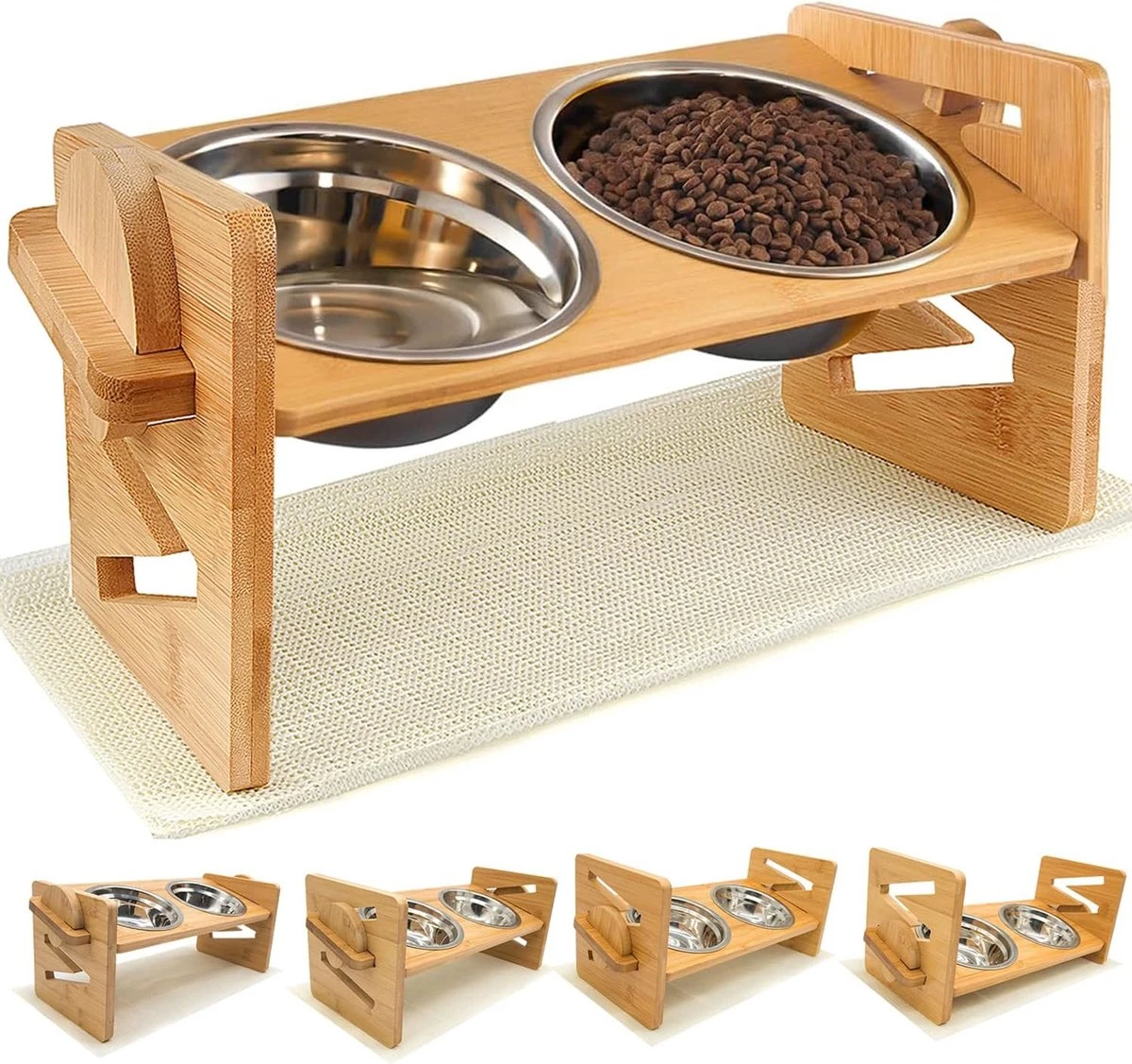 Verhoogde Voederbak Voor Katten En Kleine Honden, Bamboe Hondenvoederstation Met 2 Roestvrijstalen Kommen, In Hoogte Verstelbaar, 15 Graden Gekanteld, Kattenbak