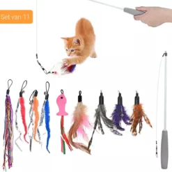 Kattenhengel – Set Van 11 – 1 Hengel En 10 Hangers – Interactief Speelgoed Voor Kat Of Kitten – Anti Slip Handvat