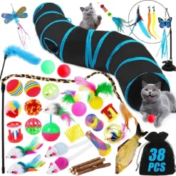 Kattenspeelgoedset Met Kattentunnel, 38 Stuks Kattenaccessoires, Veren Speelgoed Voor Katten, Pluche Speelgoed, Speelgoedmuizen, Kattenspeelgoed, Variety Pack Voor Kitty Katten