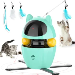 Kattenspeeltje Met Laser, Veertjes In Groen, 4 In 1 Electrisch |bewegend -multifunctioneel, Intelligent Kattenspeelgoed, Cat Toys, Poezen, USB Opladen | Bewegend Kattenspeeltje Laser – Interactief Speelgoed Katten Laserpen – Laserlampje Kat – Kittens