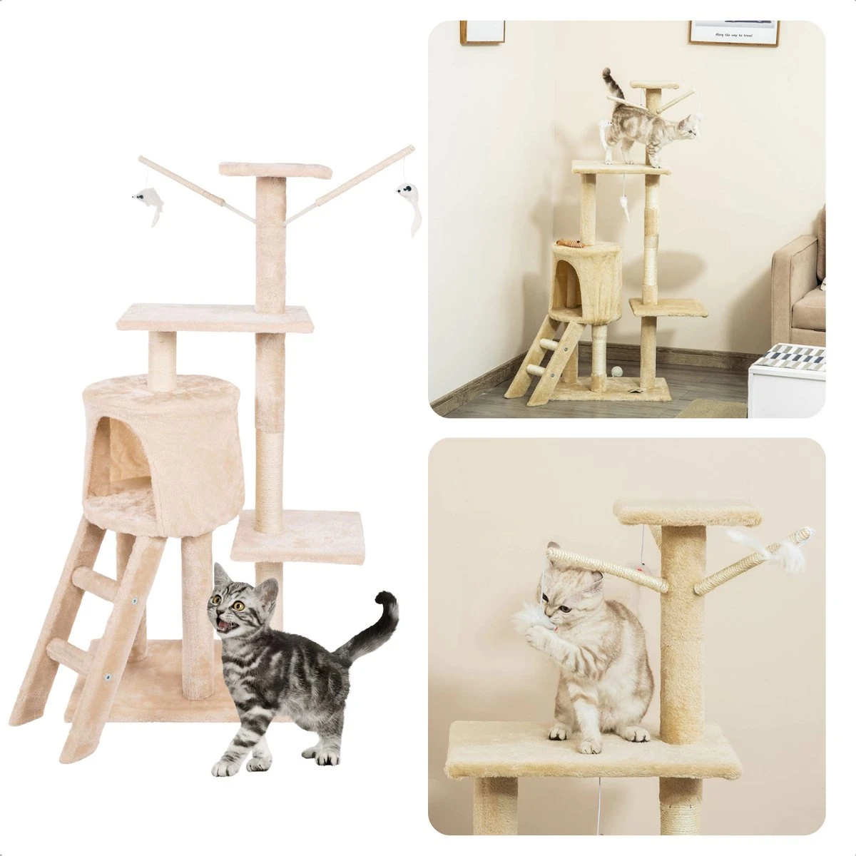 Cheqo® XL Kattenkrabtoren Wit – Krabtoren – Krabpaal – Huis Voor Katten – Krabton – Kattenhuis – 45x30x110cm – Beige – 6 Palen, 4 Planken, 1 Ladder, 1 Nest, 2 Speelgoedmuizen Met Stokken En Touw
