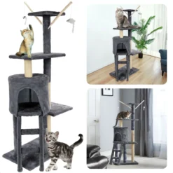 Cheqo® XL Kattenkrabtoren Grijs – Krabtoren – Krabpaal – Huis Voor Katten – Krabton – Kattenhuis – 45x30x110cm – 6 Palen – 4 Planken – 1 Ladder – 1 Nest – 2 Speelgoedmuizen – Superleuke Klim- En Krabtoren Voor Je Kat