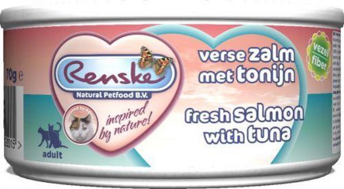 Renske Vers Vlees Maaltijd Kat Verse Tonijn Met Zalm Vezels Kattenvoer 72x 70 Gr