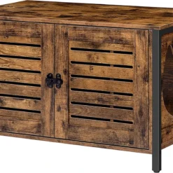 Signature Home Rich Kattenhuis – Kattenkast Voor Kattenbak – Kattenbakkast – Kattenhuis Kattenmeubels Met Lamellendeur – Dierenbak Met 4 Ijzeren Pootjes – Schattige Kattenkopvormige Deuringang – Bruin/Zwart