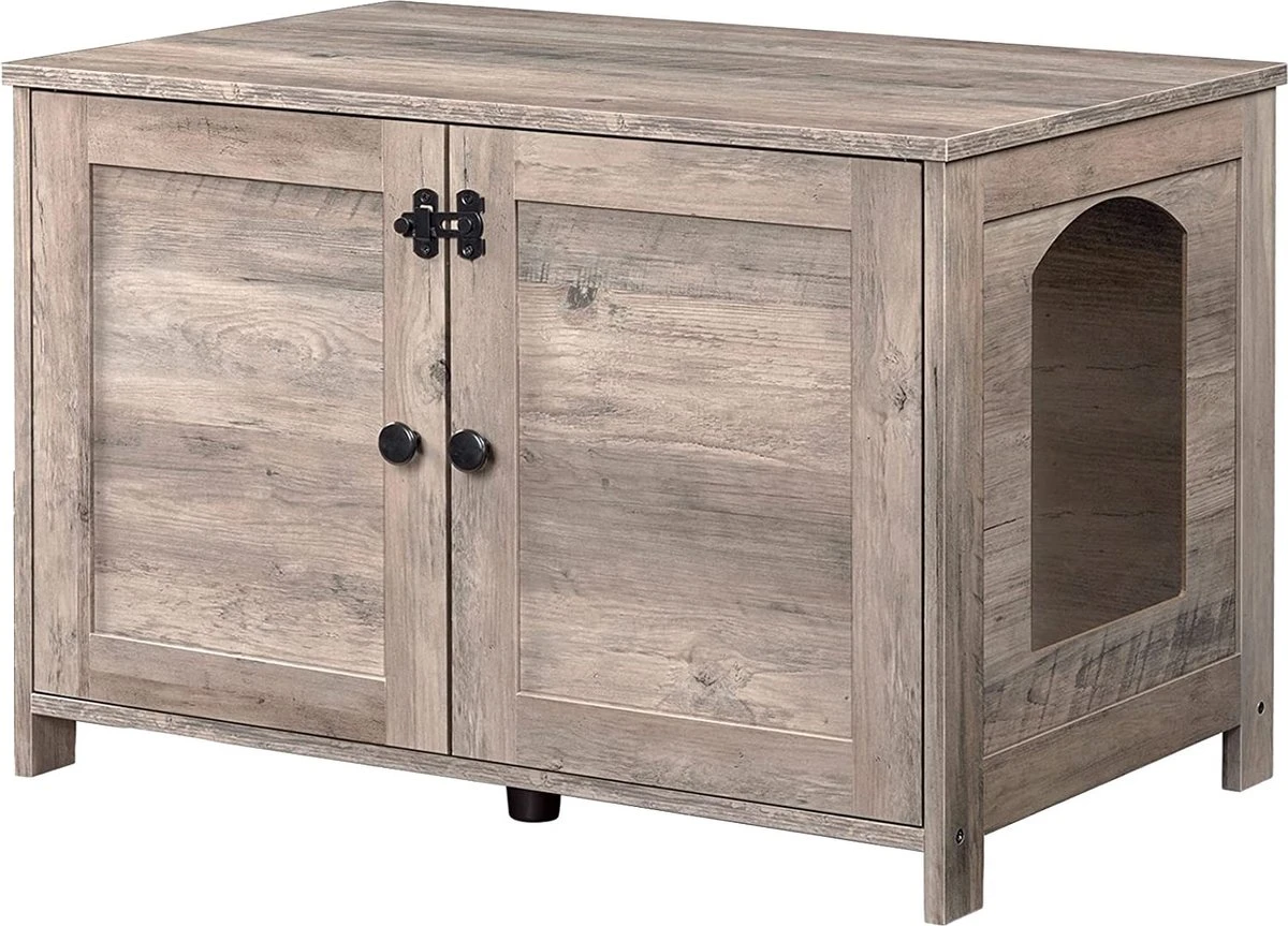 Signature Home Kitty2 Kattentoilet – Kattenbak Opbergdoos – Kattenbakkast – Kattenhuis Met Deur En Aparte Scheidingswand – Stevige Kattenkast – Bank – Greige