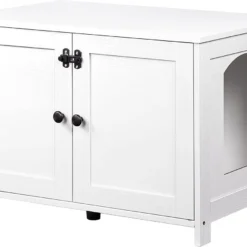 FURNIBELLA – Kattenkast, Kattentoilet, Kattenbakkast, Kattenhuis Met Deur En Aparte Verdeler, Stevige Kattenkast, Bank, Kattenbak Opbergdoos, Nachtkastje, Wit