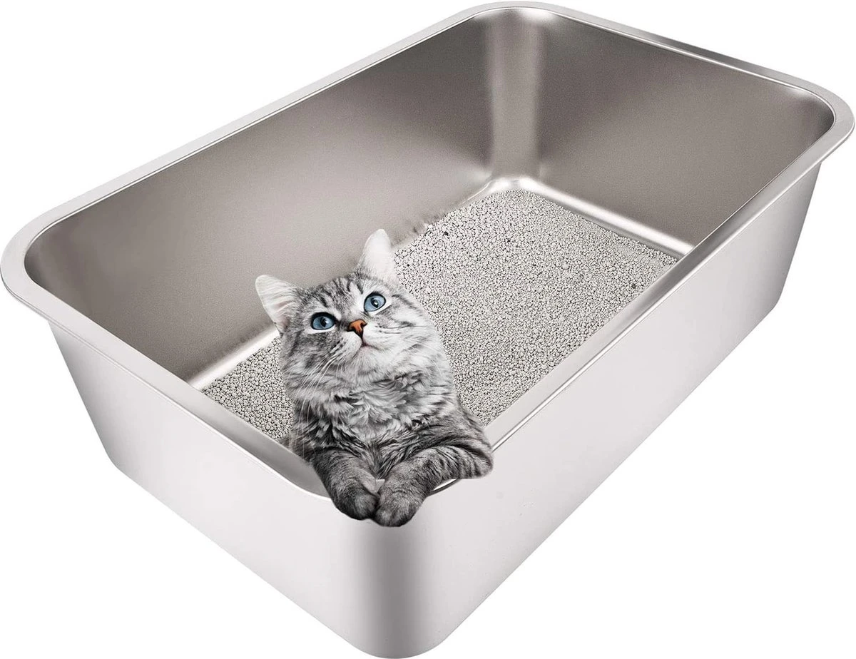 Grote Roestvrijstalen Kattenbak, Stevige Kattenbak, Niet Gemakkelijk Te Vervormen, Konijnenbak, Big Bunny Big Cat Toilet, 50x 35x 20cm, Zilver