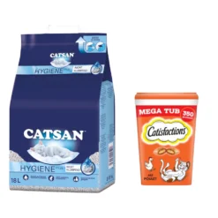 Catsan Hygiëne Plus 18l + 2x350g Dreamies Tub Gratis. – Hygiëne Plus (18 L) + Kattensnack Megatub – Kip (2 X 350 G)