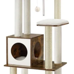 Rootz Krabpaal – Kattenhuis – Kattengrot – Met Speelgoedbal – Krabpaal – Met Uitneembare Kussens – Vintage Bruin – 58 X 40 X 165 Cm (L X B X H)