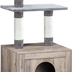 Signature Home Cattykey Krabpaal – Kattenbak Met Deuren En Krabpaal – Kattenboom – Grijs – 52 X 45 X 128 Cm