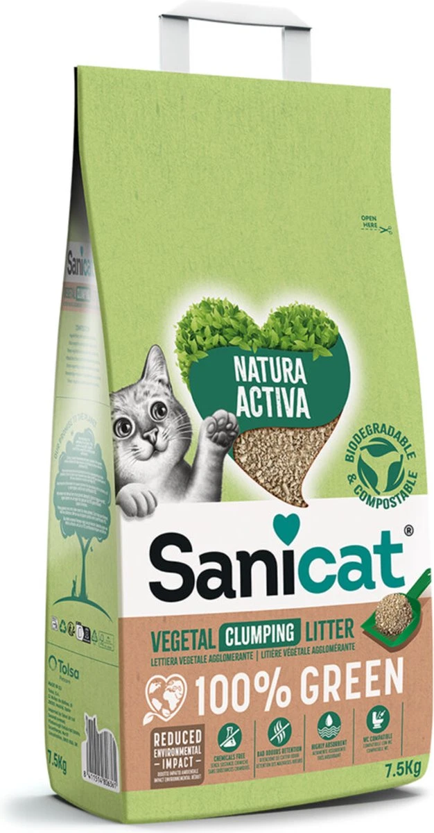 Sanicat Natura Activa 100% Green β Kattenbakvulling Klontvormend β 7.5 Kg