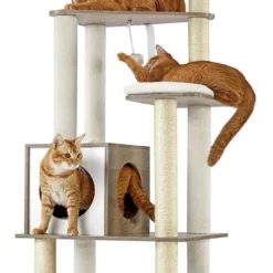 FEANDREA Greige PCT166G01 Krabpaal, 165 Cm, Moderne Kattentoren, Kattenhuis Met 5 Krabbomen, Wasbare Afneembare Kussens, Zitstang, Kattenmand, Kattenmeubel Voor Woningkatten, Kattenmeubel