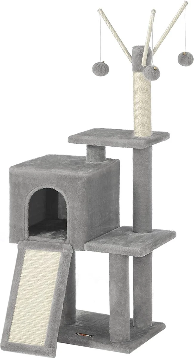 Krabpaal Klein, Kattenboom Met Krabplank, Kattenhuis Pomponstokjes, 115 Cm, Lichtgrijs