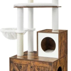 Rootz Krabpaal – Krabpaal Met Grot – Krabpaal Met Kattenbakkast – Kat Klimboom – Cat Activity Tree – Kattenspeelboom – Moderne Krabpaal – Krabpaalhuis – Spaanplaat – Pluche – Sisal – Vintage Bruin – 57,5 X 50 X 140 Cm (L X B X H)