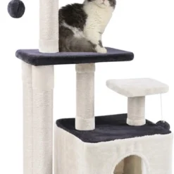 MC Star Stabiele Krabpaal, Kattenboom, Kattenkrabpaal, Tweedeurs, Hol, Speelhuis, Meerdere Platforms En Speelgoed, Pluche Ballen Met Klokken, Klimboom Voor Katten Middelhoog 100 Cm, Grijs En Beige