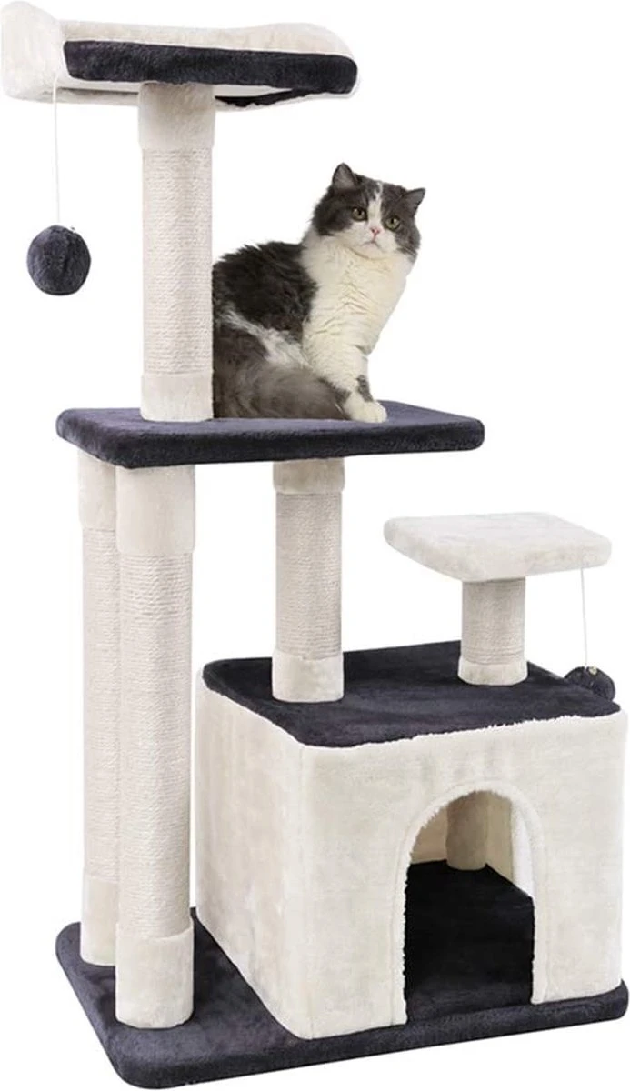 MC Star Stabiele Krabpaal, Kattenboom, Kattenkrabpaal, Tweedeurs, Hol, Speelhuis, Meerdere Platforms En Speelgoed, Pluche Ballen Met Klokken, Klimboom Voor Katten Middelhoog 100 Cm, Grijs En Beige
