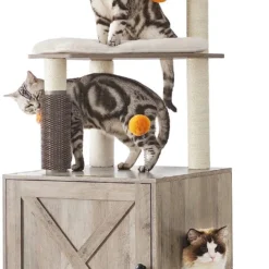 Signature Home Luis Krabpaal Met Kattenbakkast – Kattenbak Met 2-in-1 Moderne Kattenboom – Met Roomer – Krabzuilen – Platform – Wasbare Kussens – Greige – 134 Cm