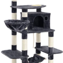 Segenn’s Krabpaal – Met Voerbak – Stevige Krabpaal Met Kattenbak – Krabpalen Omwikkeld Met Sisal – Mand En Grot – Klimboom Voor Katten 164 Cm Hoog – Rookgrijs