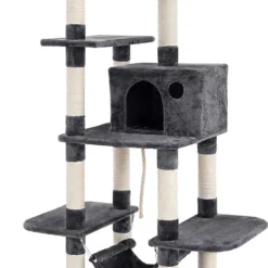 Krabpaal Voor Katten – Klimpaal – Sisal – Kattenbak XXL Extra Groot 154 Cm – Uitkijkplatform – Hangmat En Grot- Rookgrijs – PCT86G