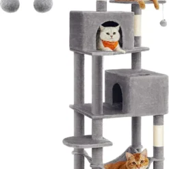 Krabpaal 191 Cm – Pluche Multi-Level Kattenflat Voor Binnenkatten Met 5 Krabpalen, 2 Grotten, Hangmat, 2 Pompons, Lichtgrijs