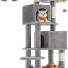 Signature Home XXL Krabpaal – 155 Cm Hoog – Kattenboom Met 5 Krabzuilen – Kattenhuis 2 Platforms – 2 Kattenholletjes – Hangmat – 2 Pluche Ballen – Pluche – Lichtgrijs