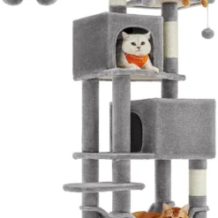 Signature Home XXL Krabpaal – 155 Cm Hoog – Kattenboom Met 5 Krabzuilen – Kattenhuis 2 Platforms – 2 Kattenholletjes – Hangmat – 2 Pluche Ballen – Pluche – Lichtgrijs