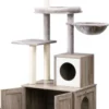 Signature Home Catty Krabpaal Met Kattenbak – Kattenbakkast – Kattenhuis Met Deur En Slot – Krabpalen Met Hangmat Mand Katten Huis – Kattenbakmeubel Verborgen – Alles-in-één Kattenspeelgoed Met Kattenhuis – Grijs – 60cm X 150cm X 48cm