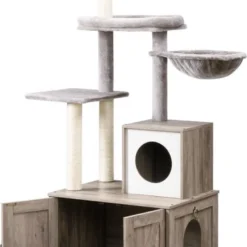 Signature Home Catty Krabpaal Met Kattenbak – Kattenbakkast – Kattenhuis Met Deur En Slot – Krabpalen Met Hangmat Mand Katten Huis – Kattenbakmeubel Verborgen – Alles-in-één Kattenspeelgoed Met Kattenhuis – Grijs – 60cm X 150cm X 48cm