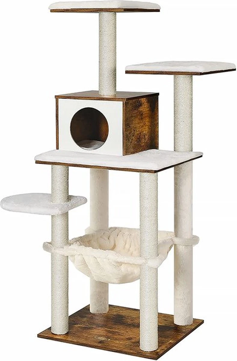 Rootz Krabpaal – Moderne Krabpaal – Krabpaal – Kattentoren – Kattenmeubel – Kattenkrabpaal – Kattenspeelhuis – Moderne Krabpaal – Spaanplaat – Bruin – 55 X 45 X 138 Cm (L X B X H)