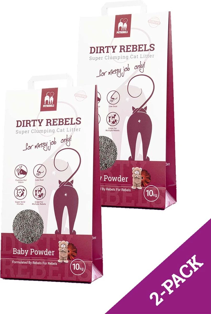 Dirty Rebels Kattenbakvulling BABY POWDER โ 2-pack (2ร10 L) โ Extreem Snel Klontvormend