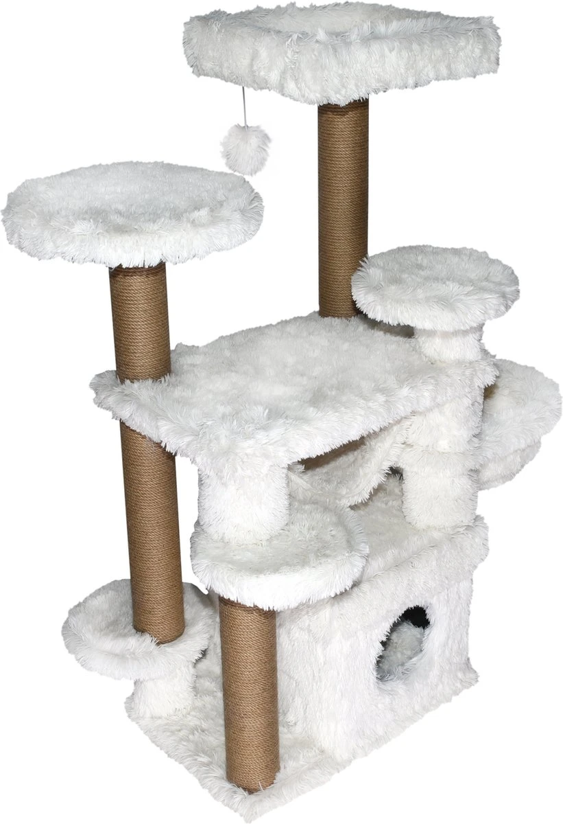 Topmast Krabpaal Fluffy Tokyo – Wit – 108 X 65 X 129 Cm – Krabpaal Voor Grote Katten En Zware Katten – Met Kattenhuis En Hangmat – Stevig Sisal Touw