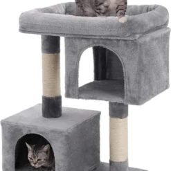 Krabpaal, Krabpaal Met Groot Platform En 2 Pluche Grotten, Speelhuis, Klimboom Voor Katten, Lichtgrijs