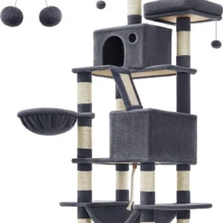 Rootz Krabpaal – Krabpaal – Kat Klimboom – Cat Activity Tree – Kattenspeelboom – Moderne Krabpaal – Krabpaalhuis – Spaanplaat – Pluche – Sisal – Rookgrijs – 55 X 45 X 168 Cm (L X B X H)