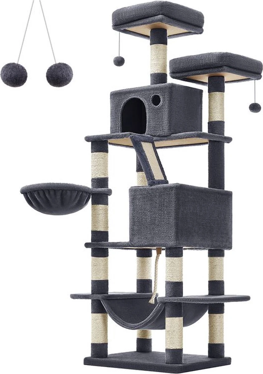 Rootz Krabpaal – Krabpaal – Kat Klimboom – Cat Activity Tree – Kattenspeelboom – Moderne Krabpaal – Krabpaalhuis – Spaanplaat – Pluche – Sisal – Rookgrijs – 55 X 45 X 168 Cm (L X B X H)